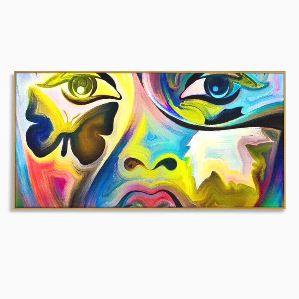 Tablou canvas cu tablou canvas cu chip abstract si fluture, in rama de aluminiu auriu